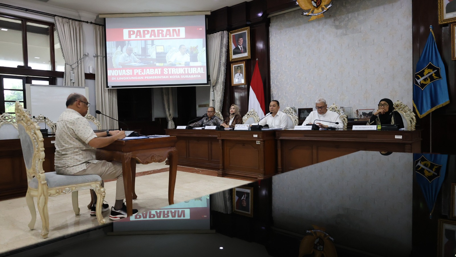 Wali Kota Surabaya, Eri Cahyadi, mendengarkan pemaparan visi-misi Kadishub Surabaya, Tundjung Iswandaru, tentang rencana Surabaya bebas parkir liar pada tahun 2025, di ruang sidang wali kota pada tanggal 7 Maret 2025.